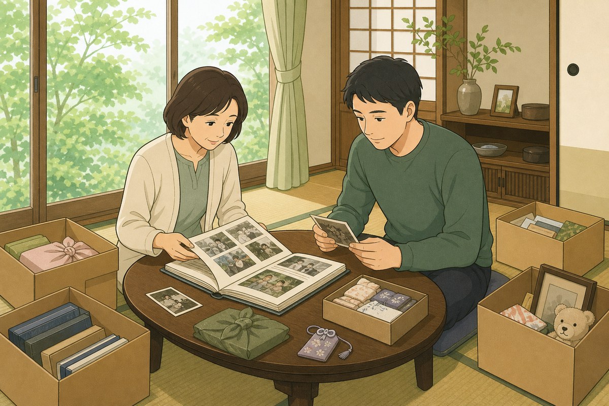 家族で写真アルバムを見ながら、形見の品を一緒に確認している様子