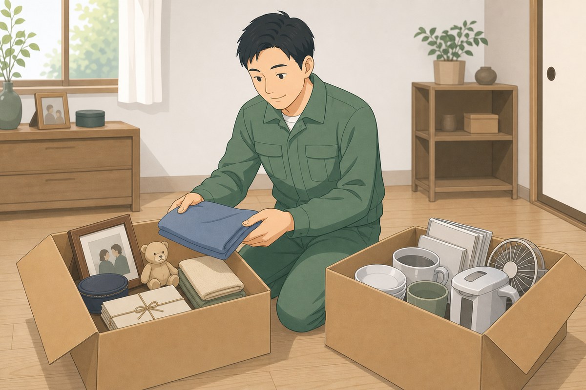 遺品を「残す物」と「手放す物」の箱に分けて仕分けている様子