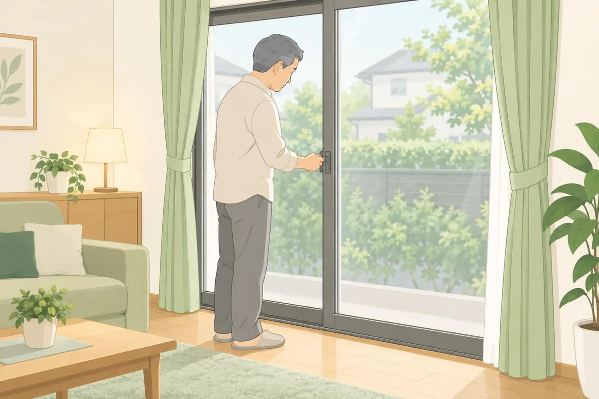 留守が分かりにくくなる一般的な工夫と、施錠・窓まわりの点検 のイラスト