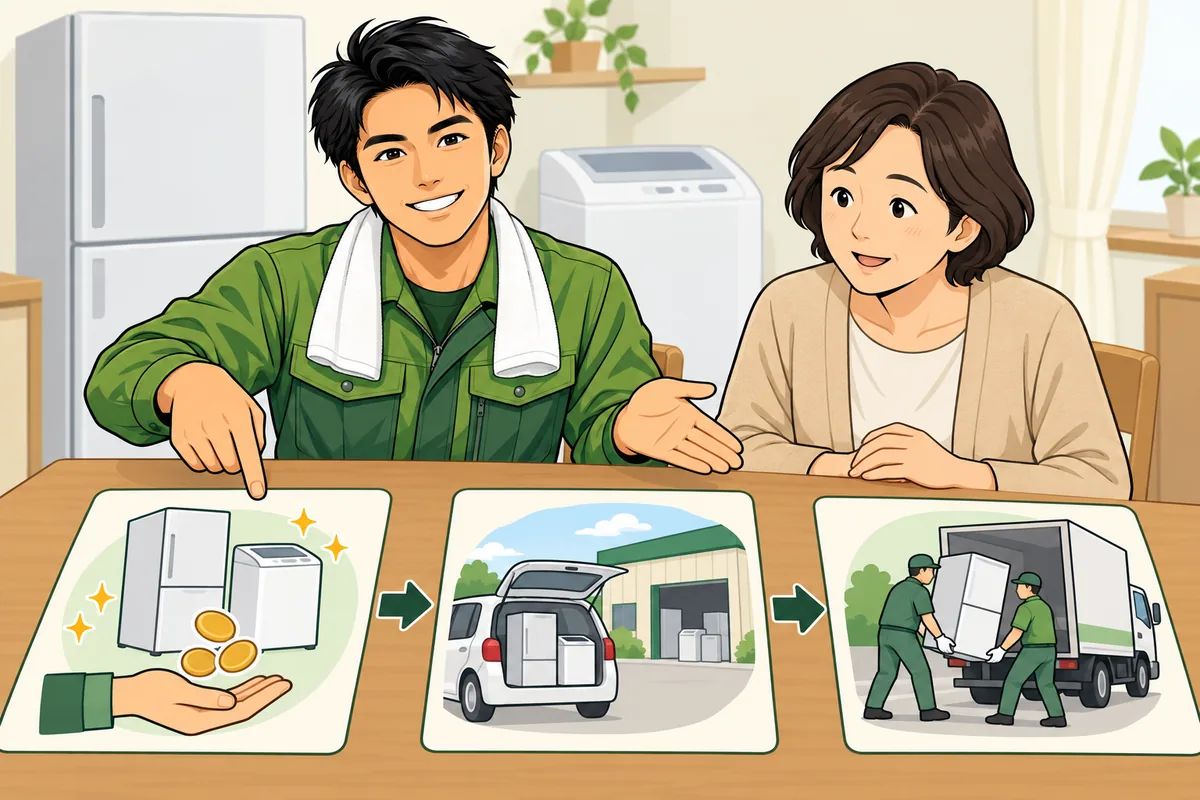 遺品整理での判断は「買取→自己搬入→業者」の順で考える のイラスト