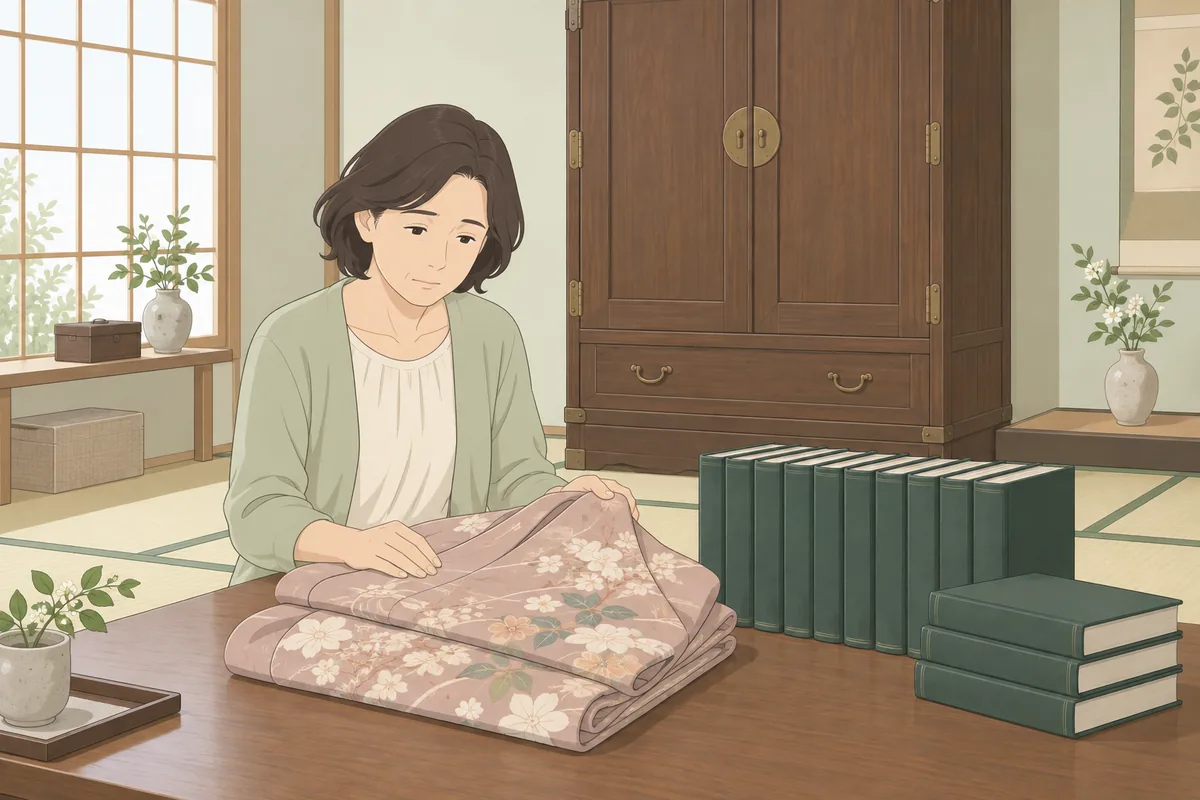 期待が高い品ほど落胆されやすい3つ 婚礼家具・着物・全集本 のイラスト