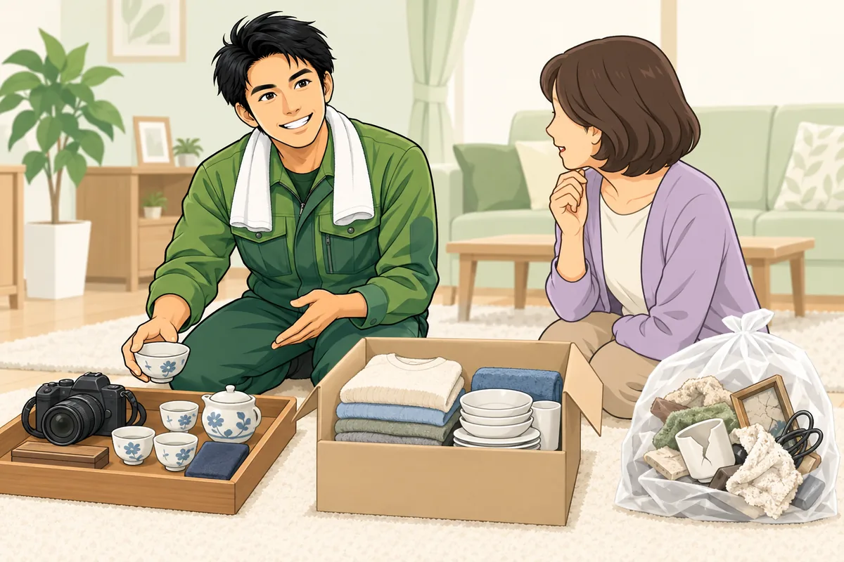 まず結論：遺品は「売る・譲る/寄付・処分」の三択で分ける のイラスト