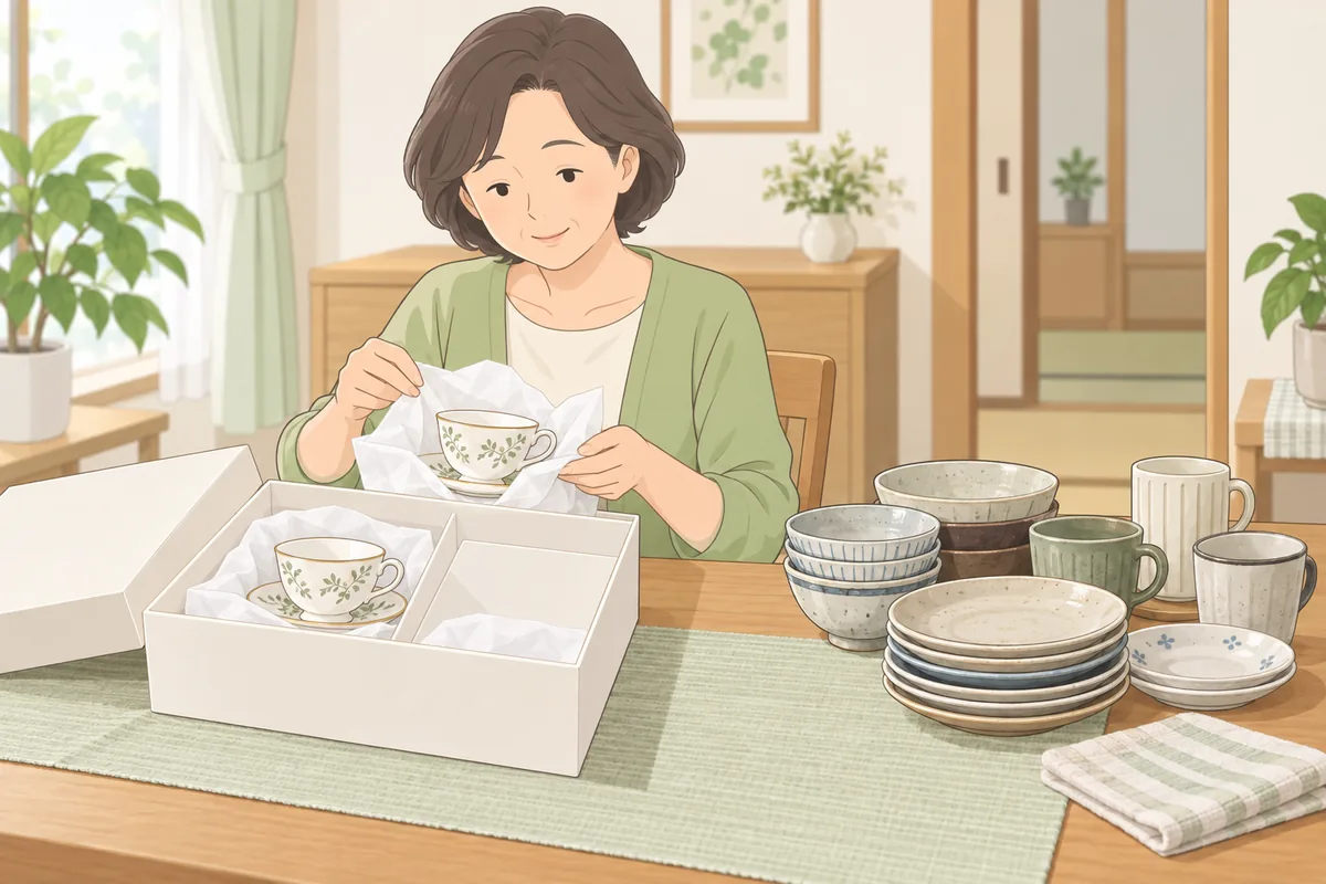 食器はどう分ける？ 未使用の贈答品と普段使いで扱いが変わります のイラスト