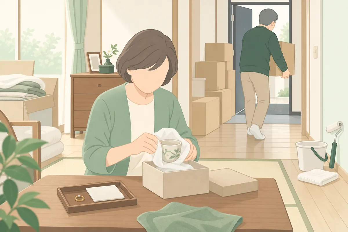 貴重品確認→形見分け→残置物撤去→原状回復の噛み合わせ のイラスト