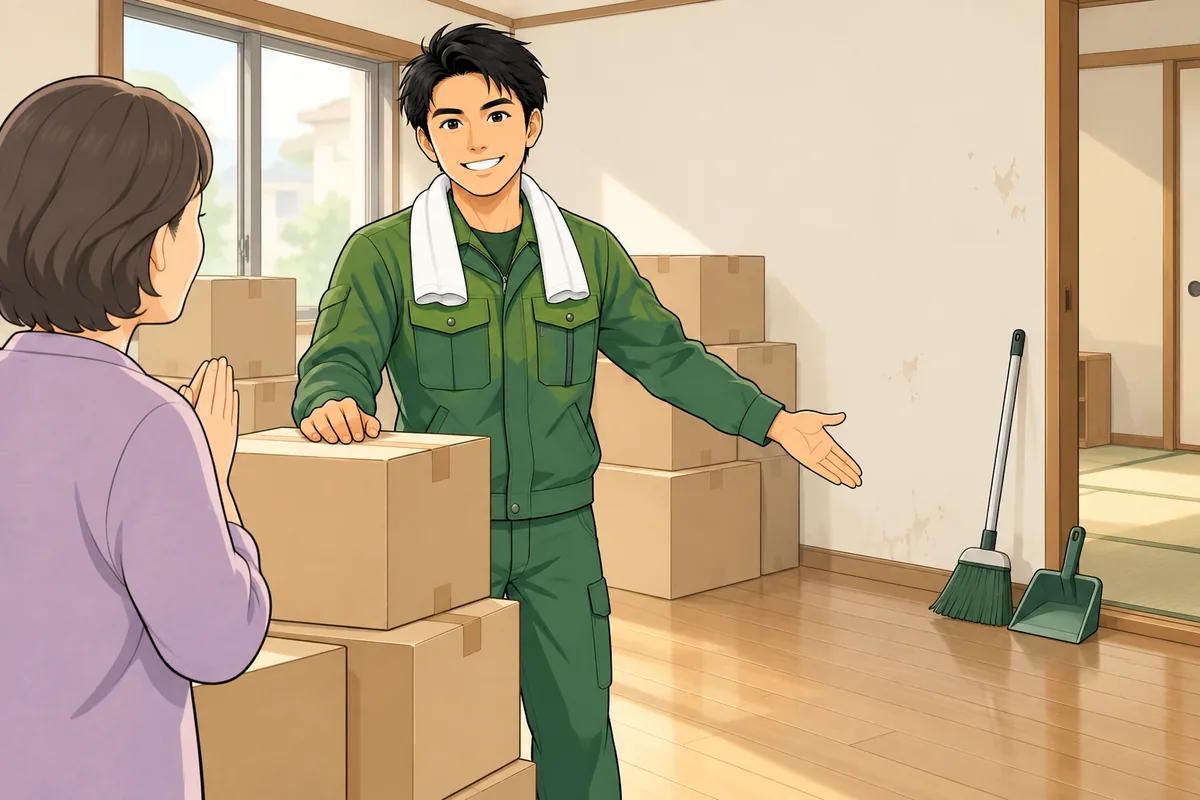 結論：遺品整理業者に頼めるのは「残置物撤去＋簡易清掃」まで のイラスト