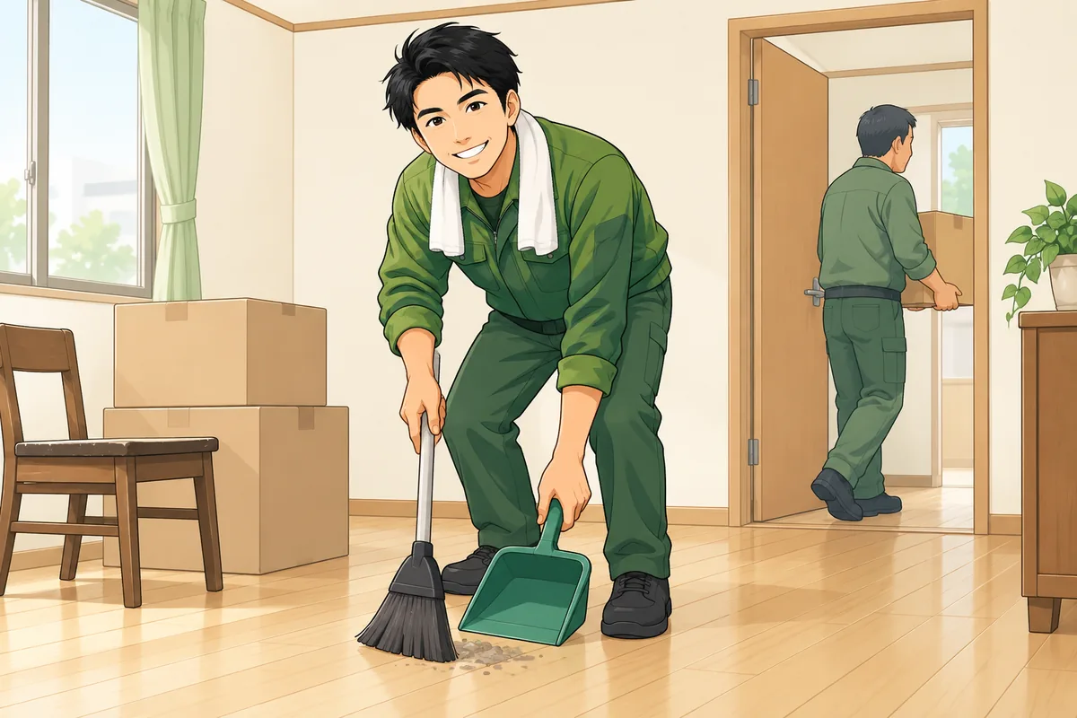 ①残置物撤去と②簡易清掃：遺品整理業者で済む範囲 のイラスト