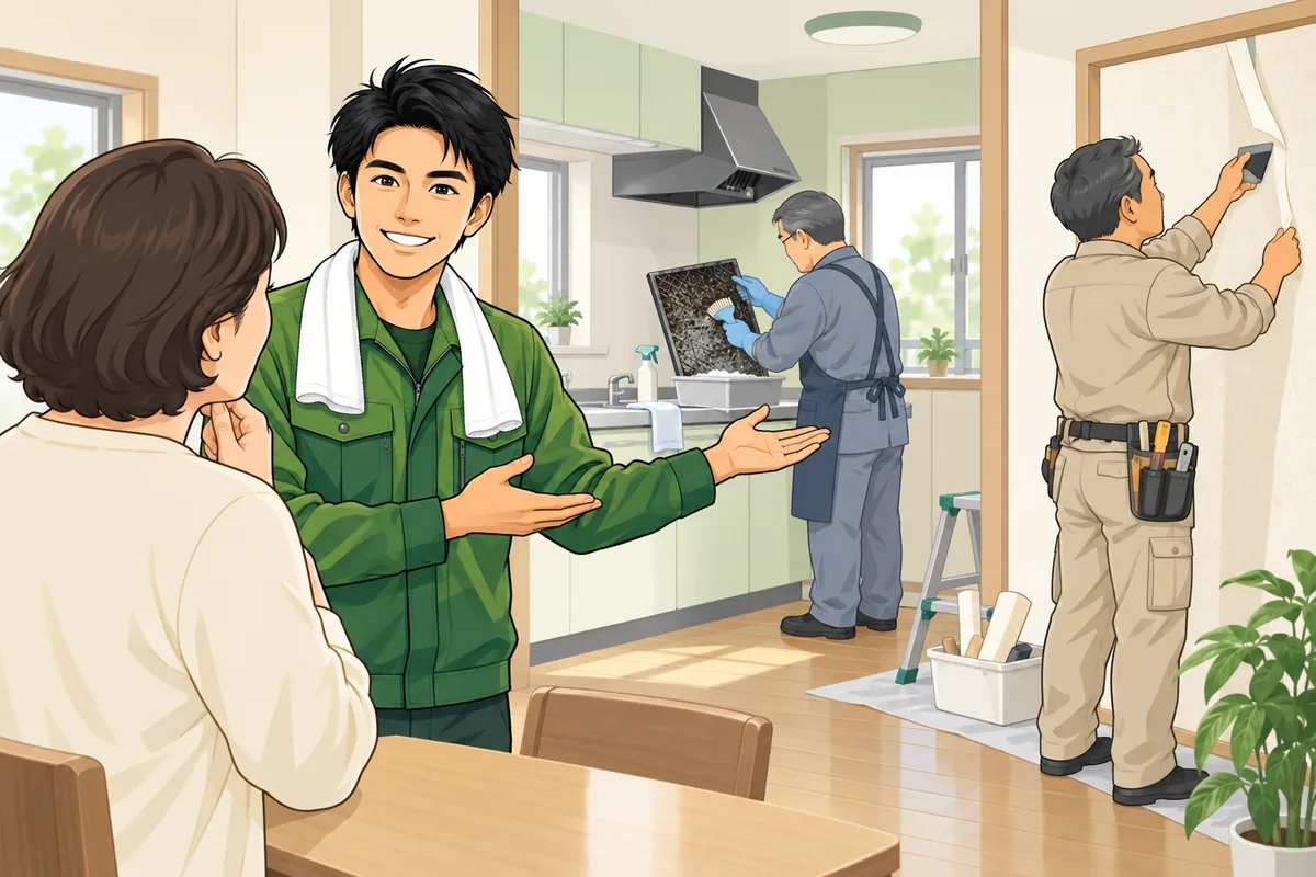 ③ハウスクリーニングと④原状回復工事：別業者になる範囲 のイラスト