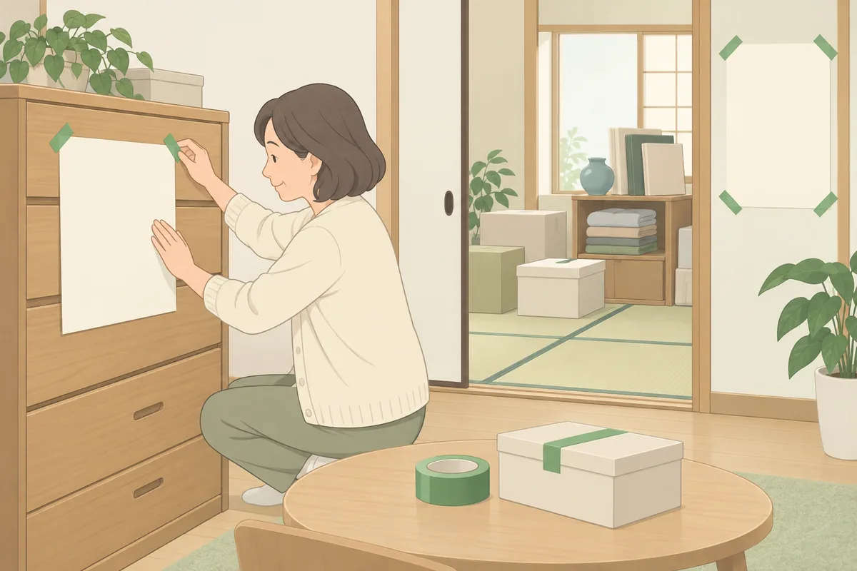 現物への目印の付け方 養生テープ・貼り紙・部屋ごと隔離の使い分け のイラスト