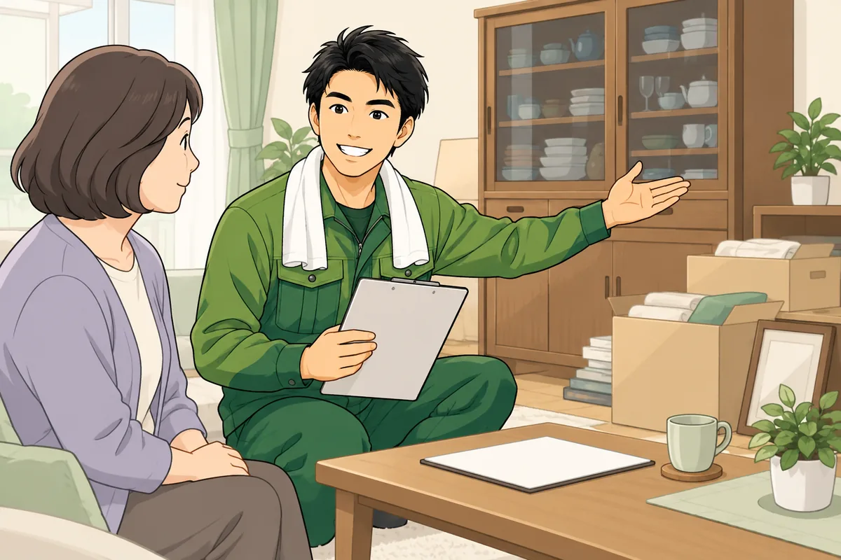 遺品整理の訪問見積もり、当日の流れを時系列で のイラスト