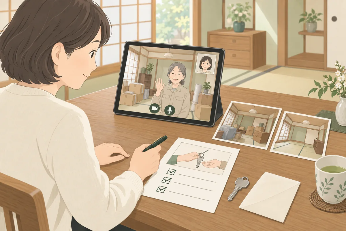 3〜4：写真報告・オンライン立会いと、鍵の受け渡し記録 のイラスト
