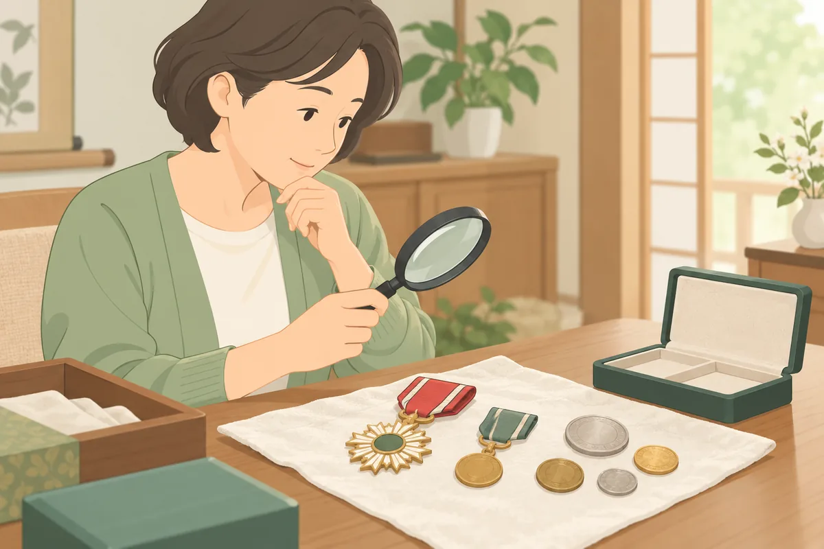 勲章・褒章・記念貨幣は自分で捨てずに価値確認へ のイラスト