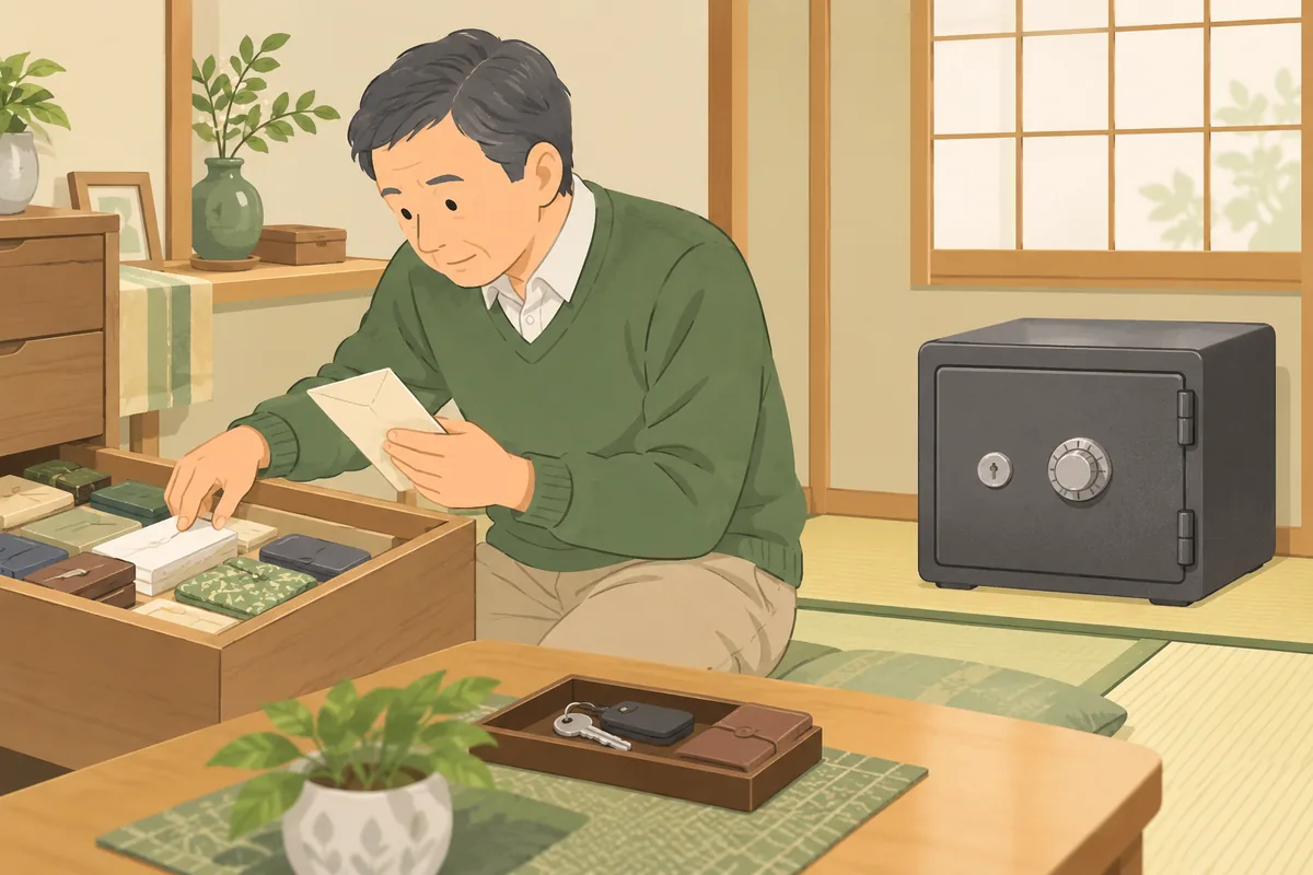 遺品整理で金庫が開かない時、最初にやるのは「開けること」ではなく鍵とダイヤル番号を探すこと のイラスト