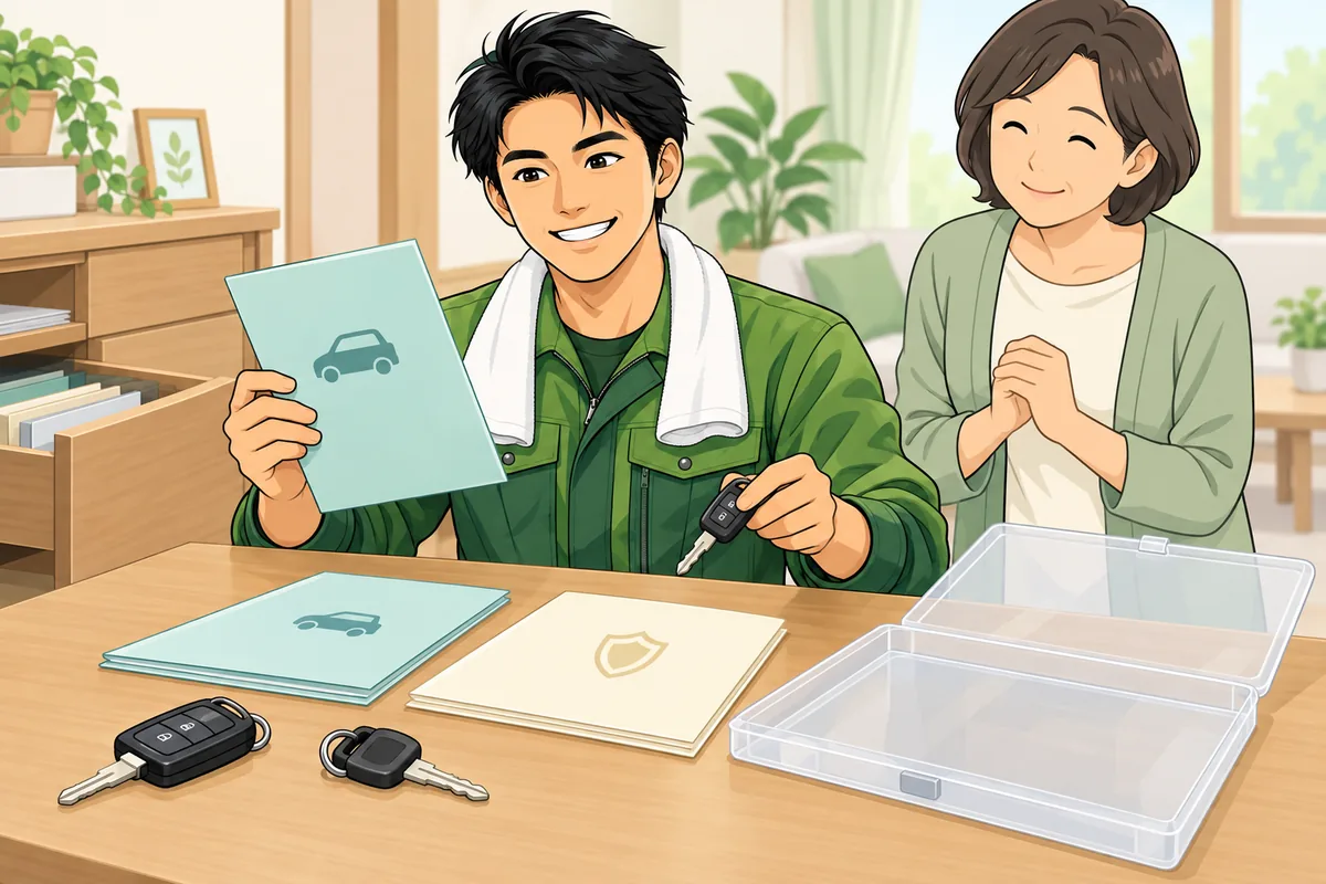 片付け前に探しておきたい書類（車検証・鍵・自賠責関係） のイラスト