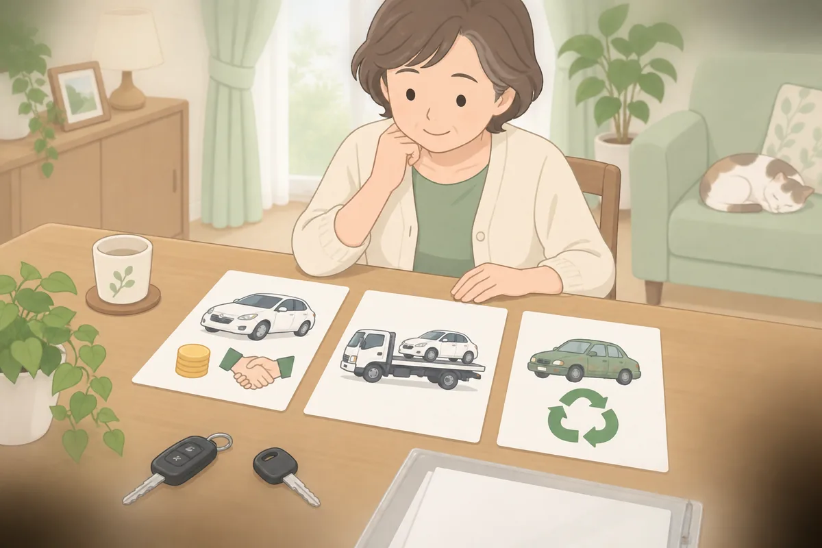売る・引き取り・廃車、どれが後悔しない選び方か のイラスト