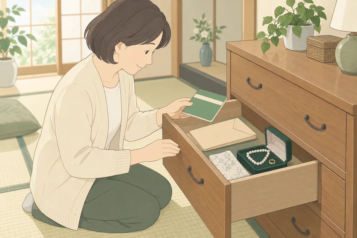 遺品整理の前に貴重品・通帳を探すなら、まずどこを見る？ のイラスト