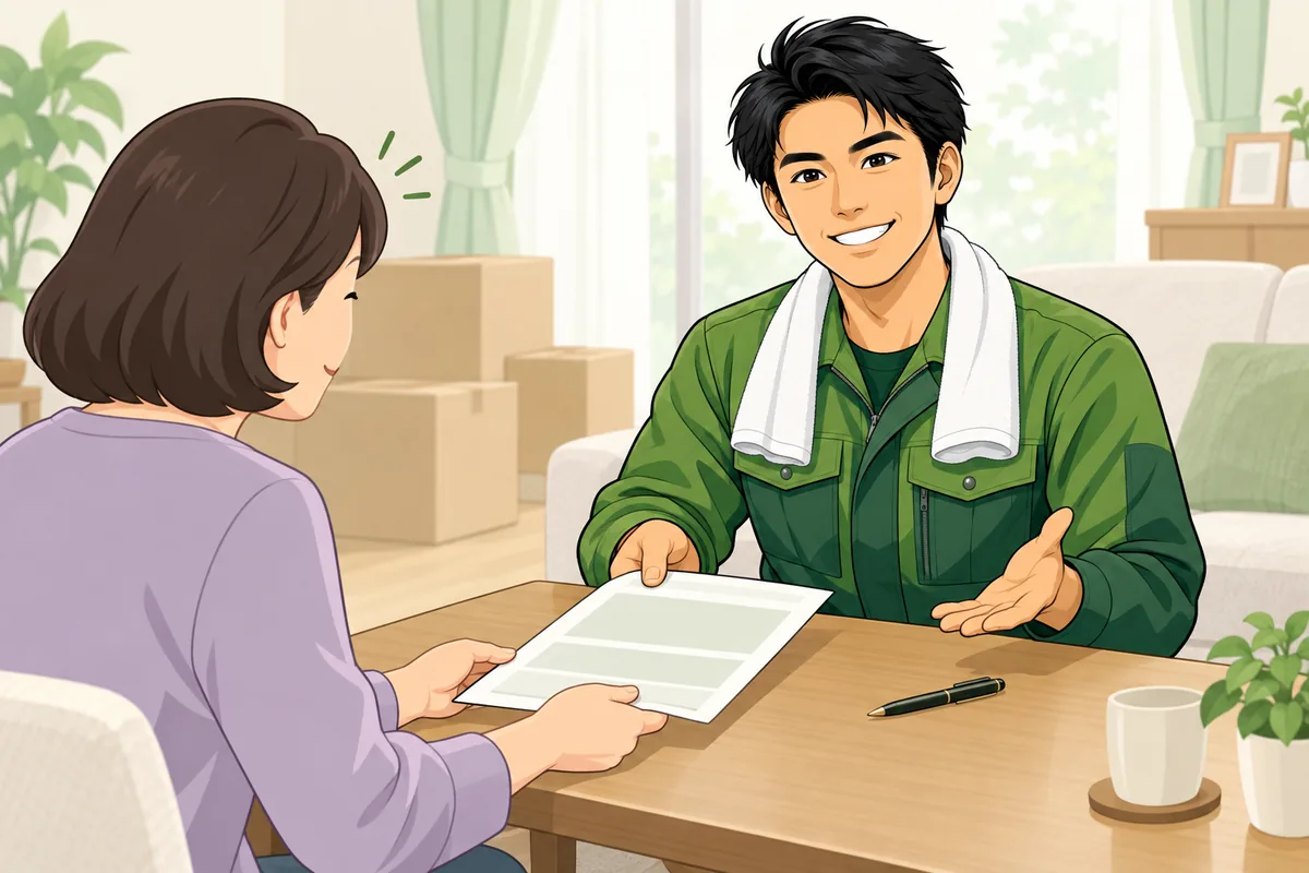 遺品整理の見積もりは、その場で決めなくて大丈夫です のイラスト