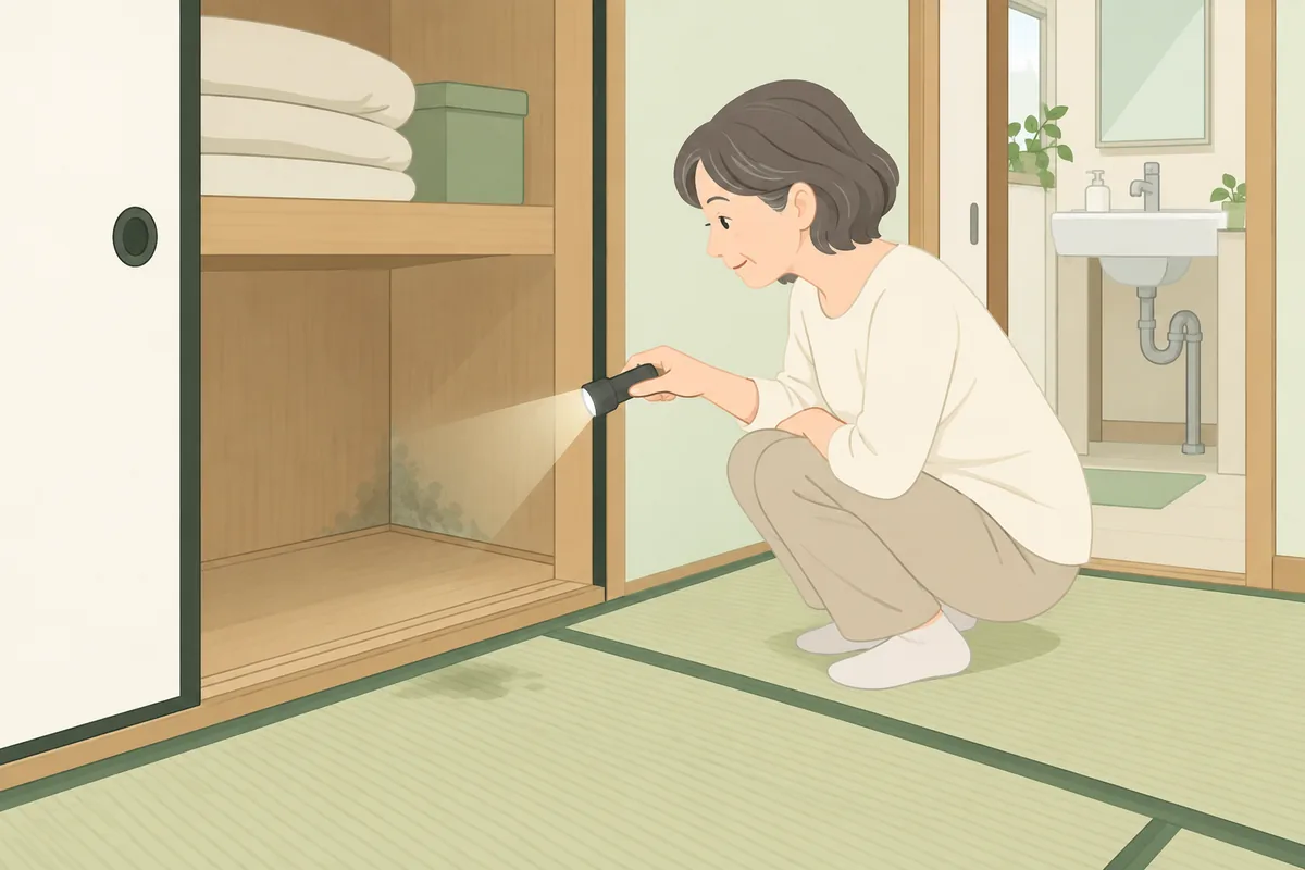 湿気がたまる場所を先に確認する 押し入れ・畳・水回り のイラスト