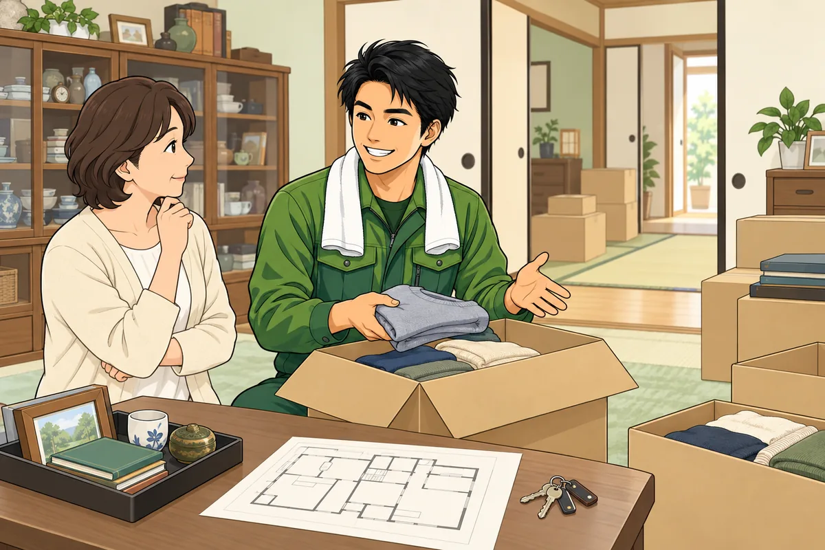 遺品整理の日数が変わる3つの条件（物量・間取り・事前準備） のイラスト