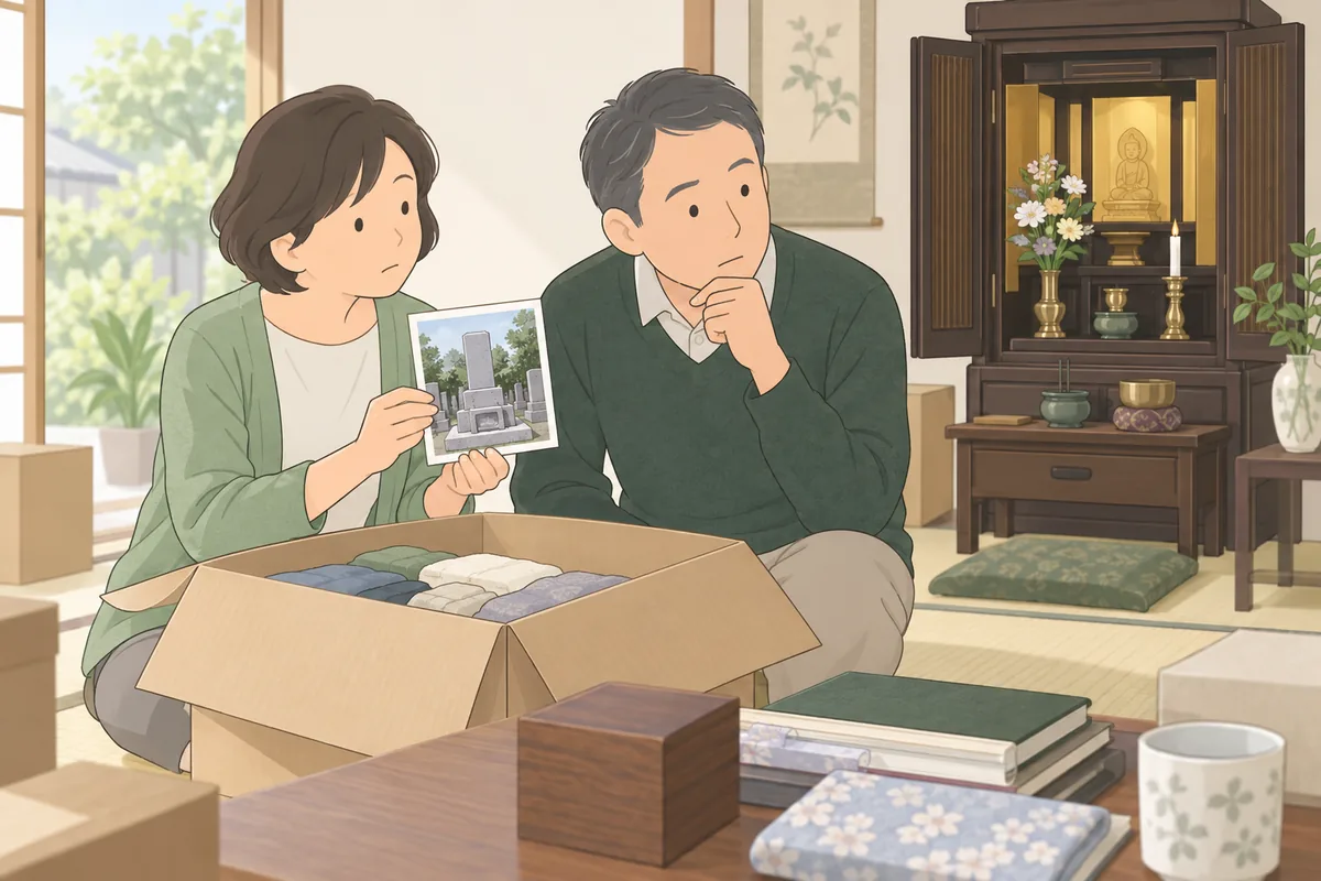 遺品整理中に「お墓どうする」が出てくる2つのタイミング のイラスト