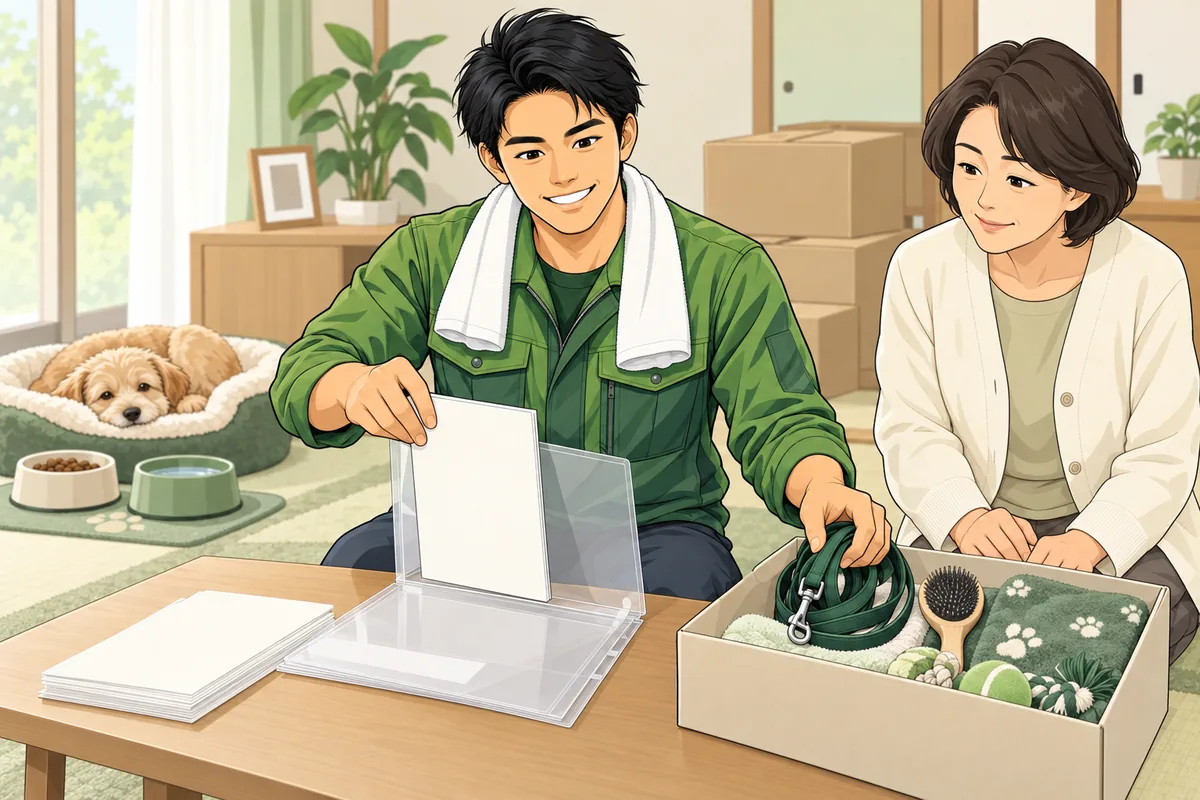ペット用品と書類の扱い 片付け工程のどこに位置づけるか のイラスト