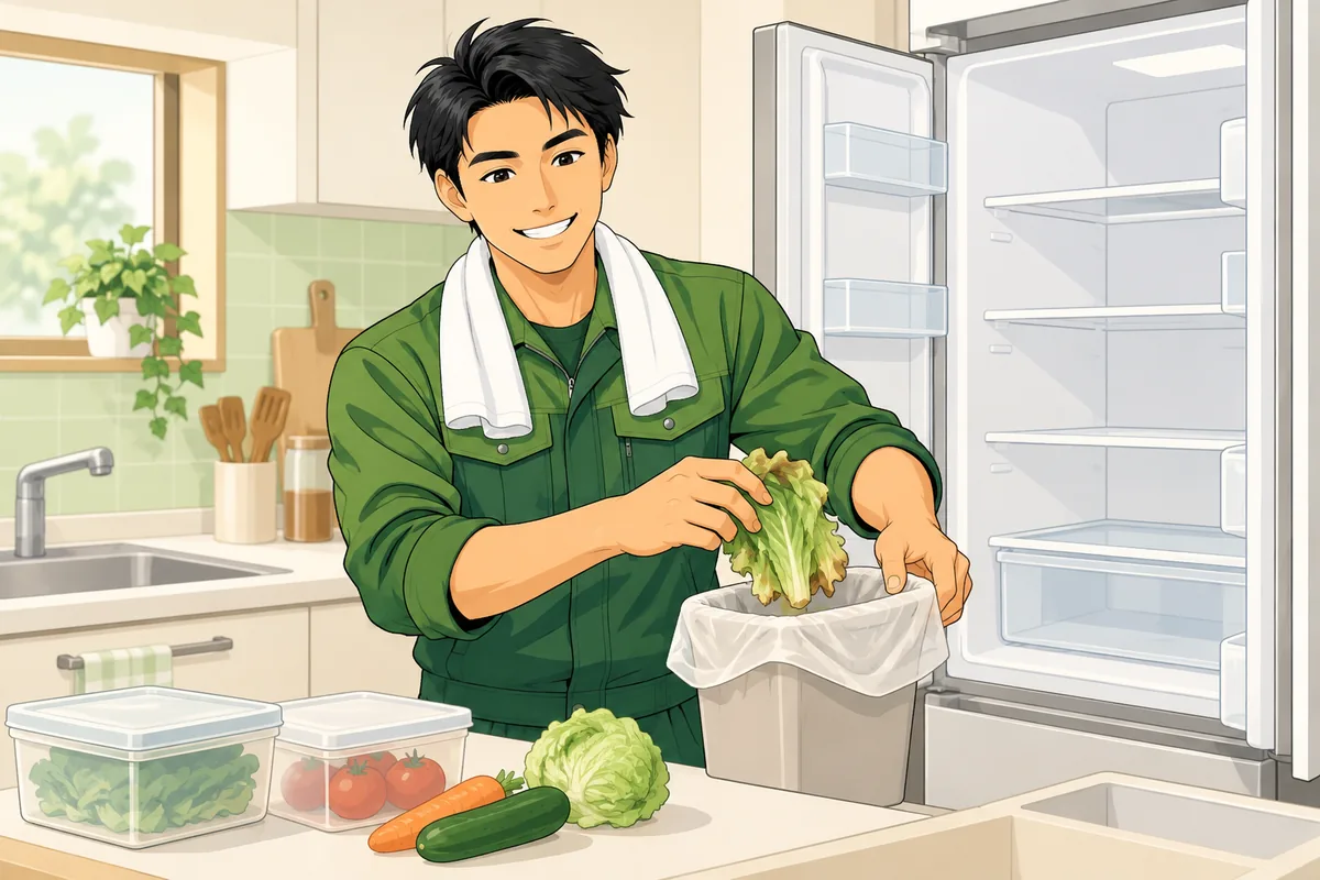 冷蔵庫と生ものを先に片づける手順 のイラスト