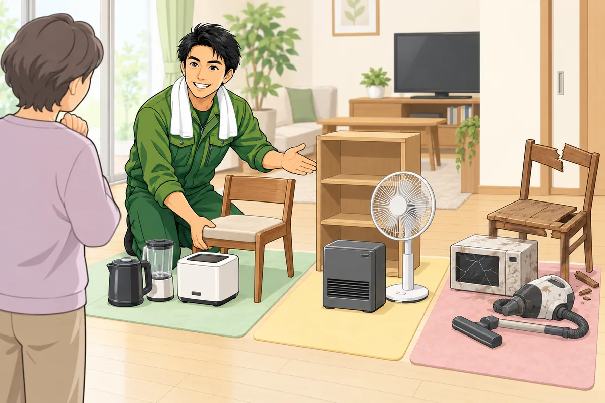 大量の家具・家電、まずは「売る・引き取り・処分」に仕分ける のイラスト