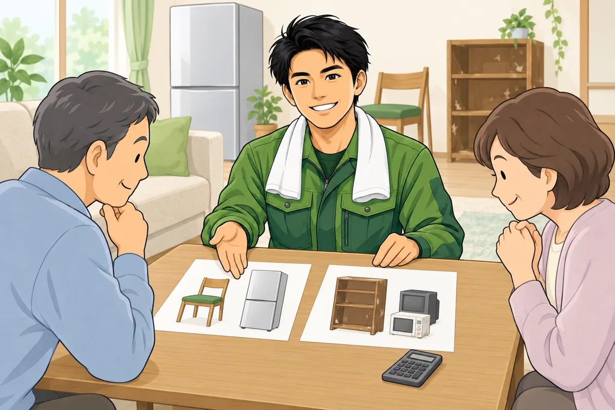 家具・家電の処分費と買取を一緒に頼む 後悔しない業者の選び方 のイラスト