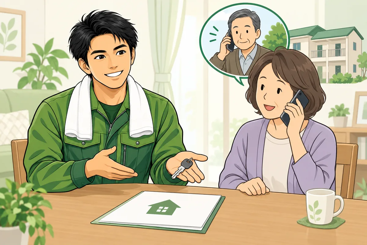 賃貸なら、業者より先に管理会社・大家さんへ連絡を のイラスト