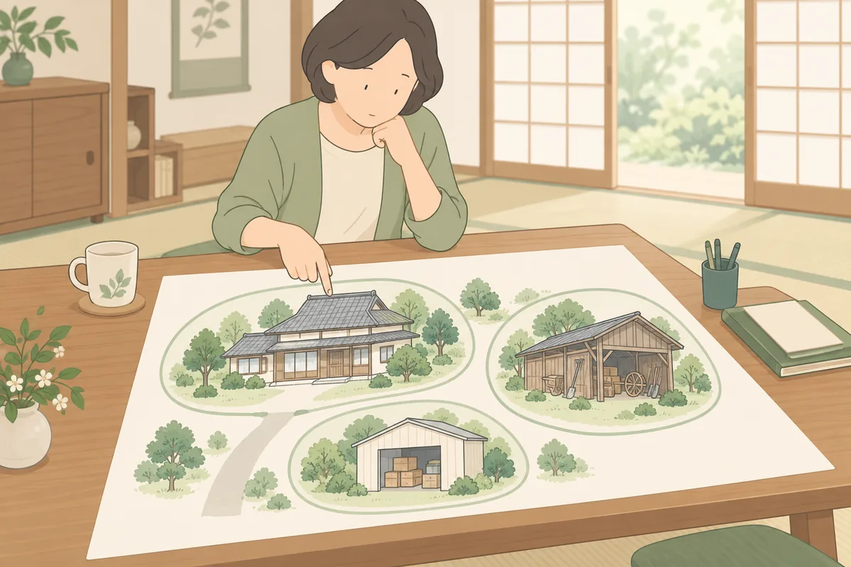田舎の実家の遺品整理は「母屋・納屋・倉庫」で分けて考えるのが最初の一歩 のイラスト
