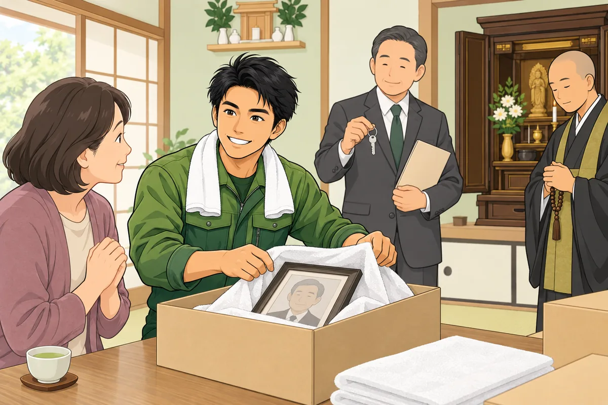不動産会社・遺品整理業者・お寺の役割分担 のイラスト