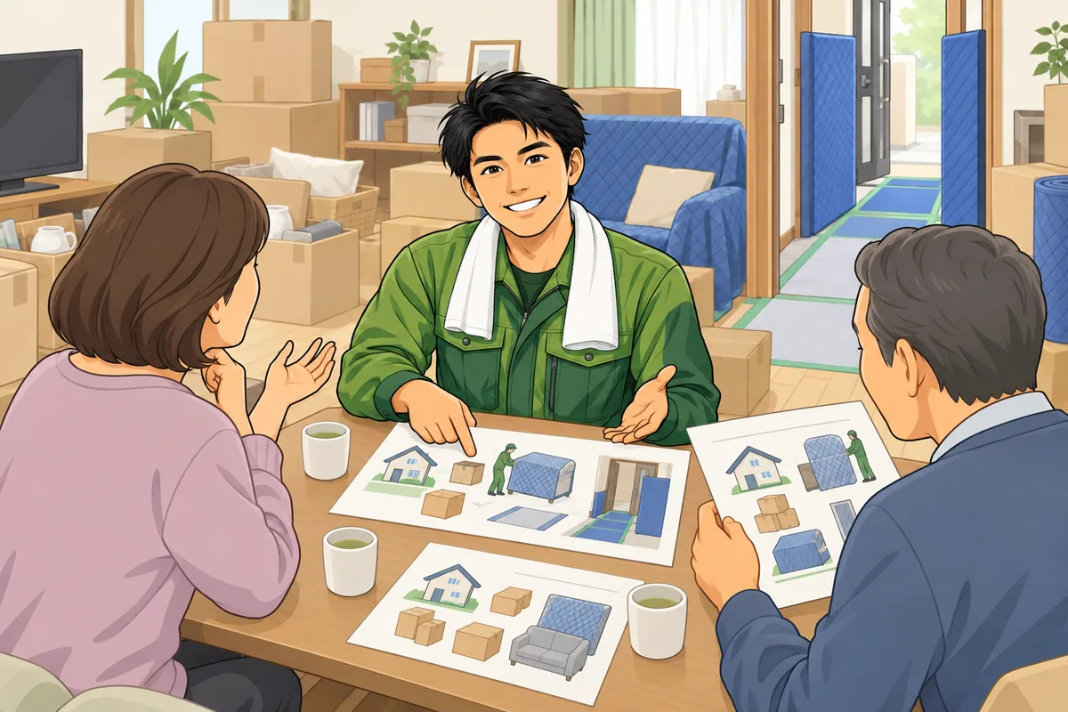 後悔しない業者の選び方(物量が多い家の視点) のイラスト