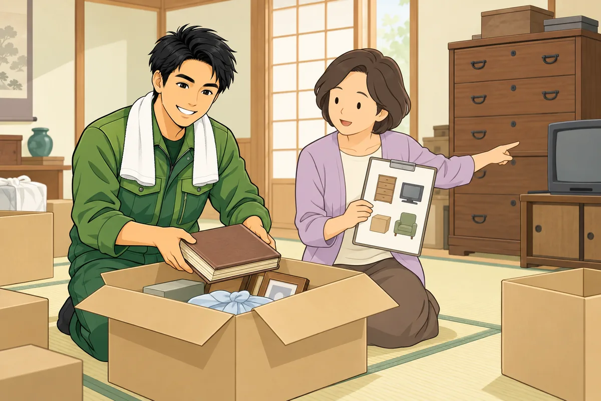 遺品整理と解体はどっちが先？空き家の残置物の処分範囲を見積もりで確認する のイラスト