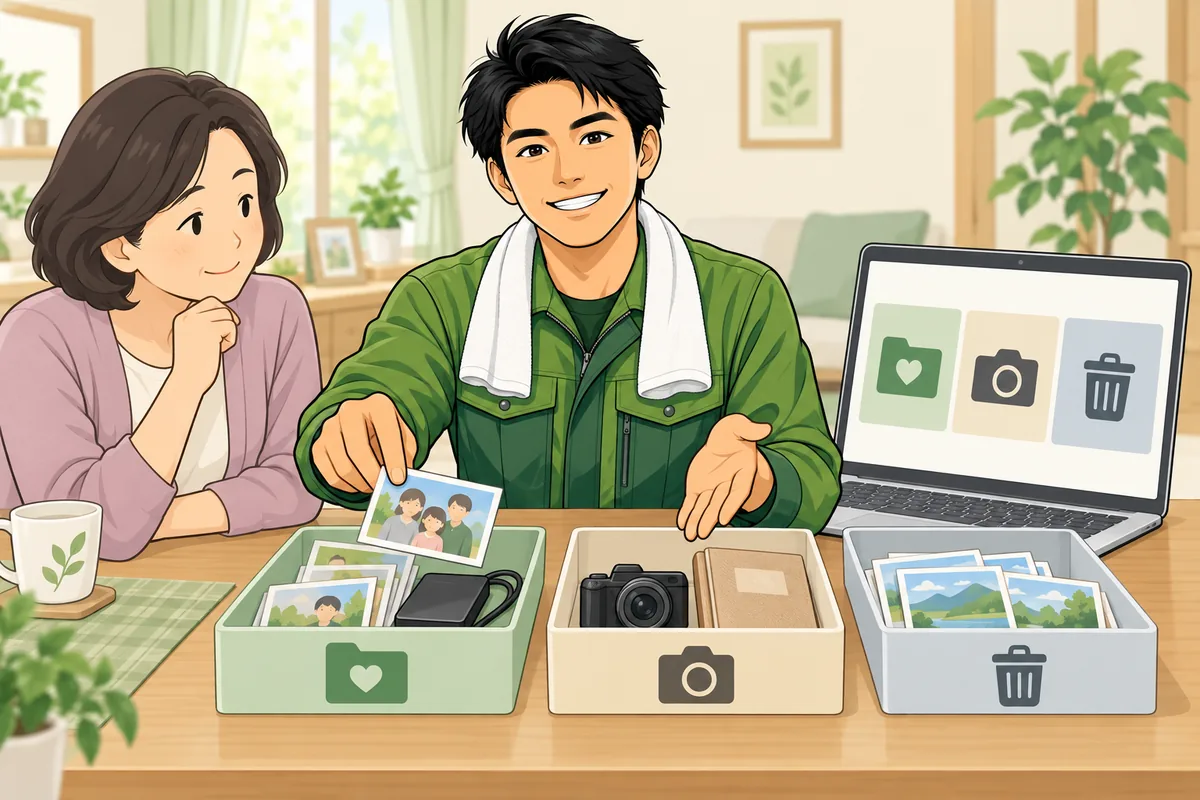 残す・記録する・手放す：データの三択整理 のイラスト