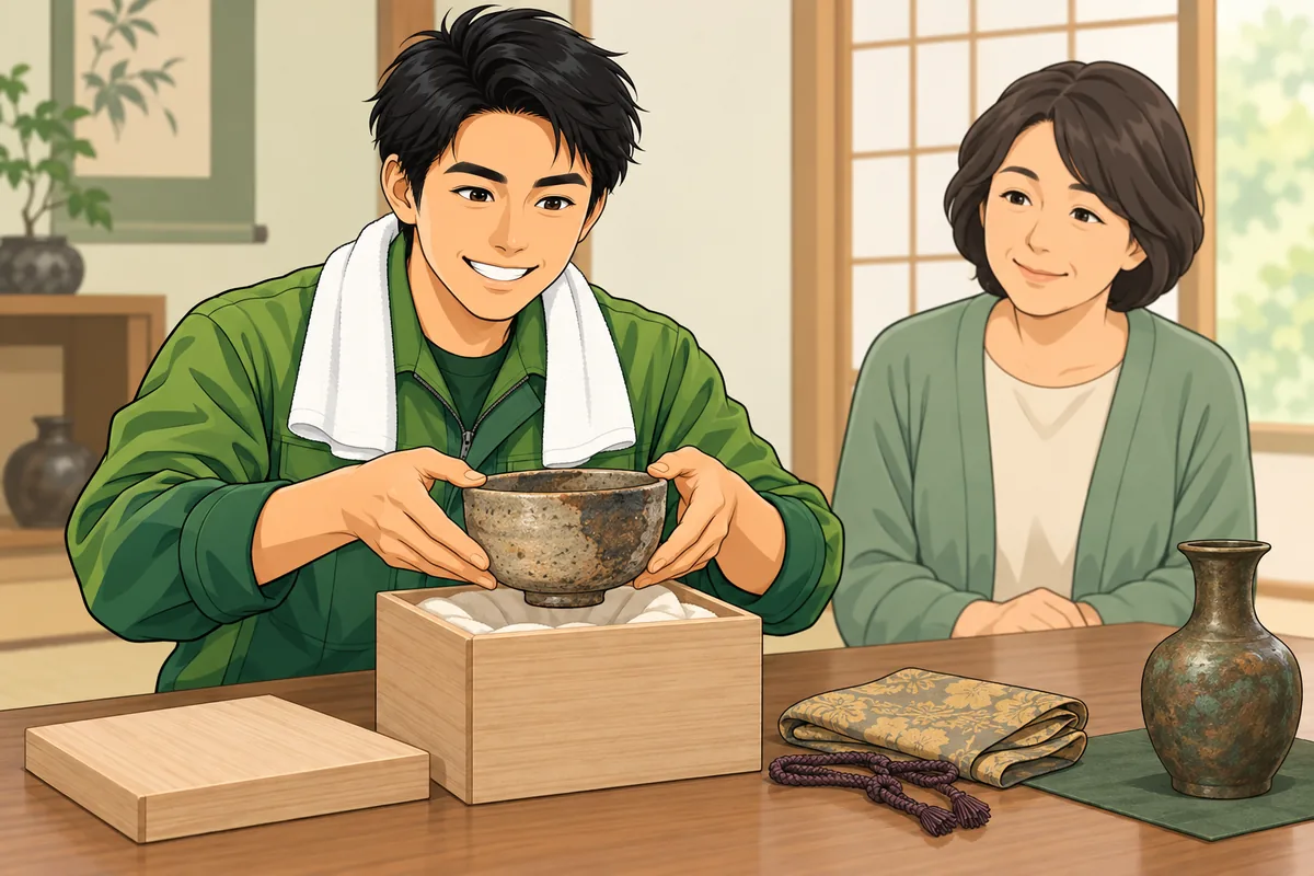 骨董品の遺品を査定に出す前の準備 共箱・付属品・磨かない のイラスト