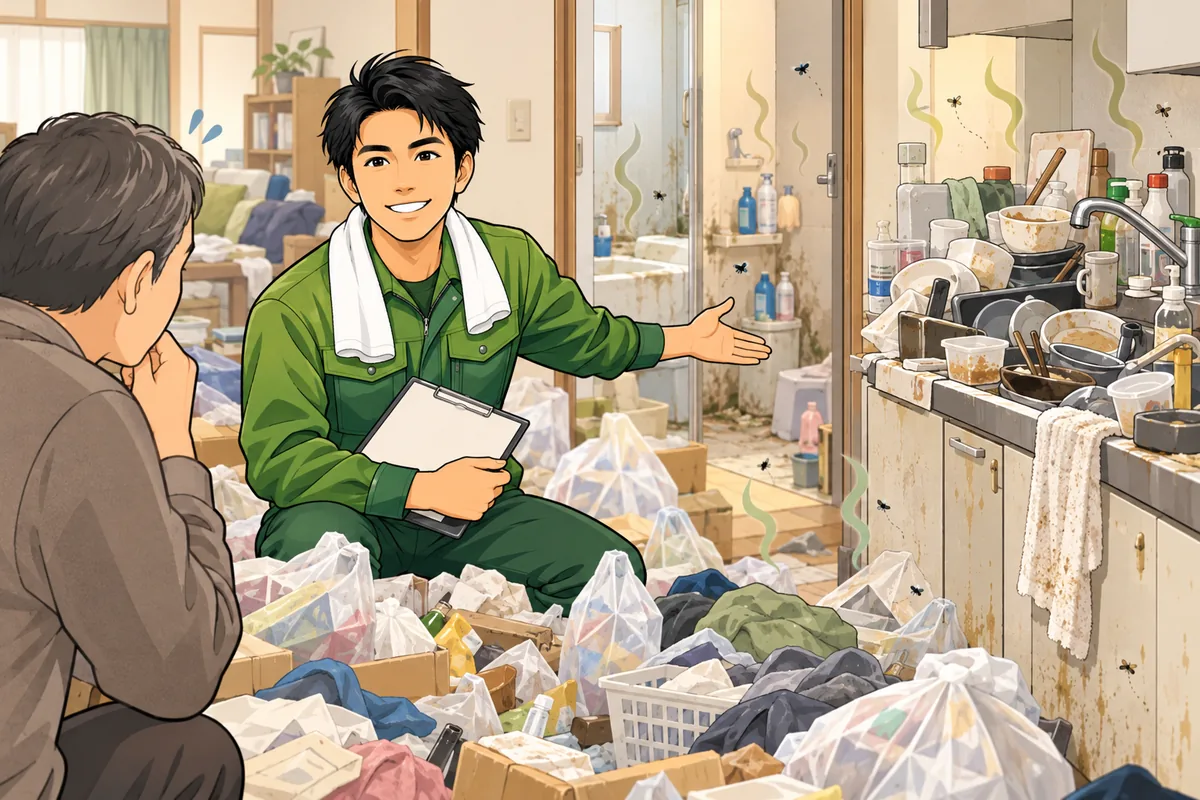 業者を呼ぶ判断ライン:床・水回り・害虫・臭いの4点 のイラスト