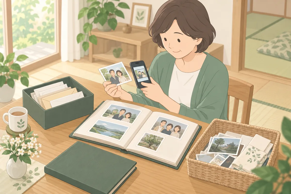 遺品の写真・手紙・思い出品の線引きは「残す/捨てる」の二択にしない のイラスト