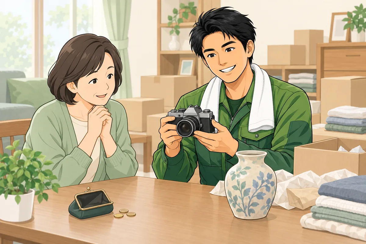 遺品整理と買取を一緒に頼むと、手間も費用も抑えられる場合がある のイラスト