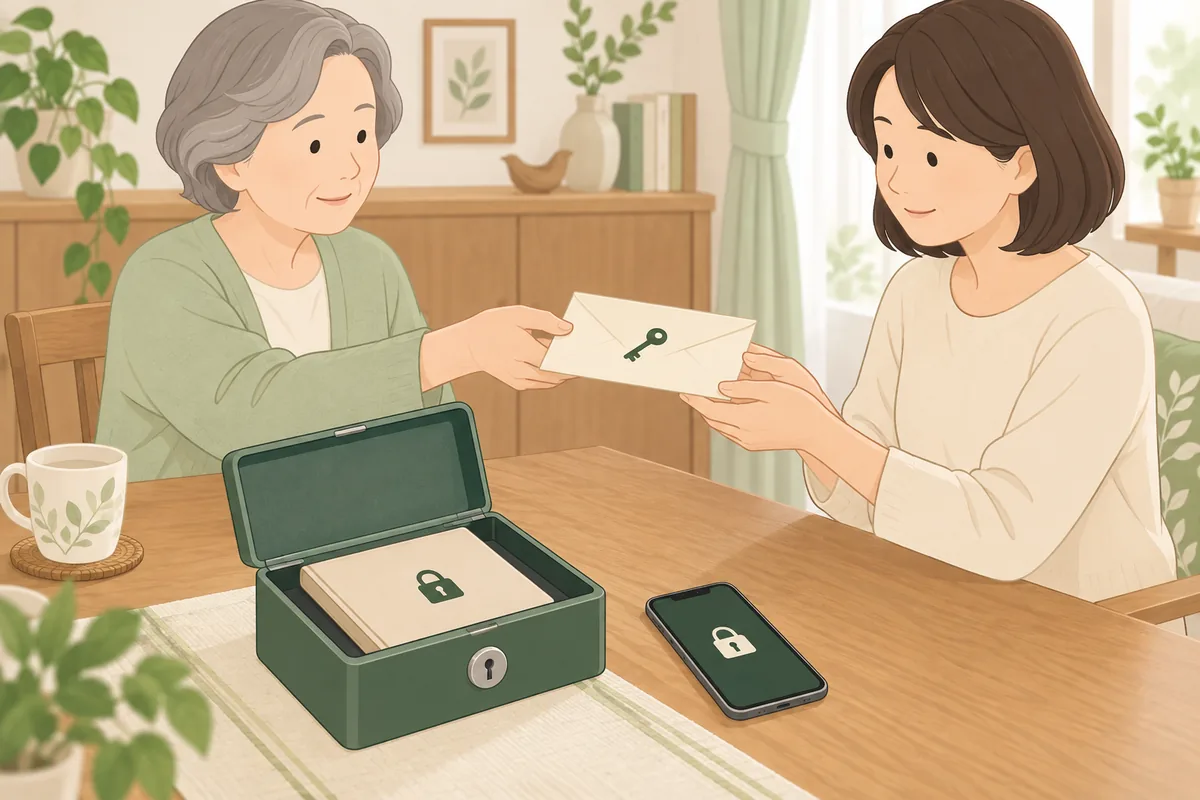 パスワード一覧の残し方 安全に家族へ渡す考え方 のイラスト