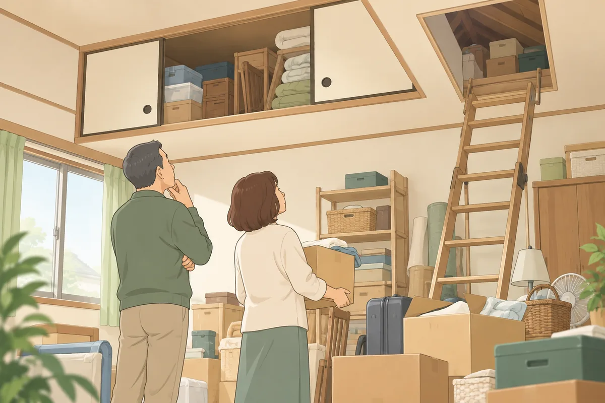 二階・天袋・屋根裏に残った物が、後の世代の負担になりやすい理由 のイラスト