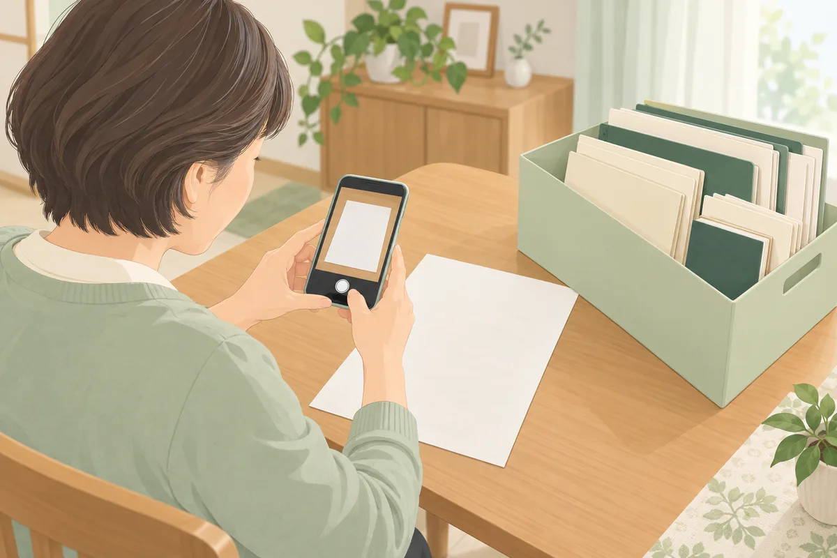 見つけた書類の保管の型 一か所に集めて、写真を撮る のイラスト